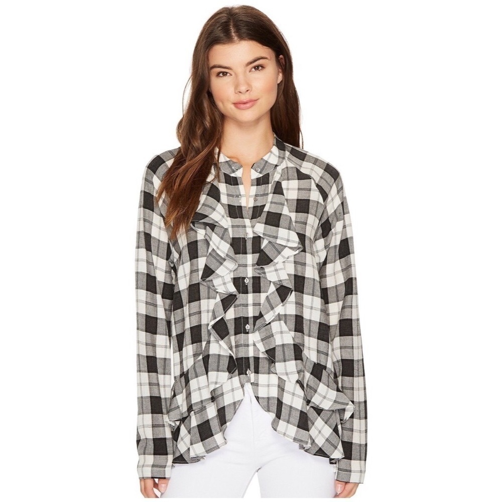 Nicole Miller Artelier Classic Plaid Ruffle Blouse
